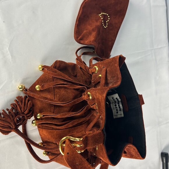 Sepcoeur Paris Brown Suede Leather Bucket Handbag Boho Bell Fringe Vintage - Picture 5 of 7